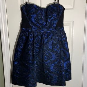 Aidan Mattox blue and black lace strapless dress